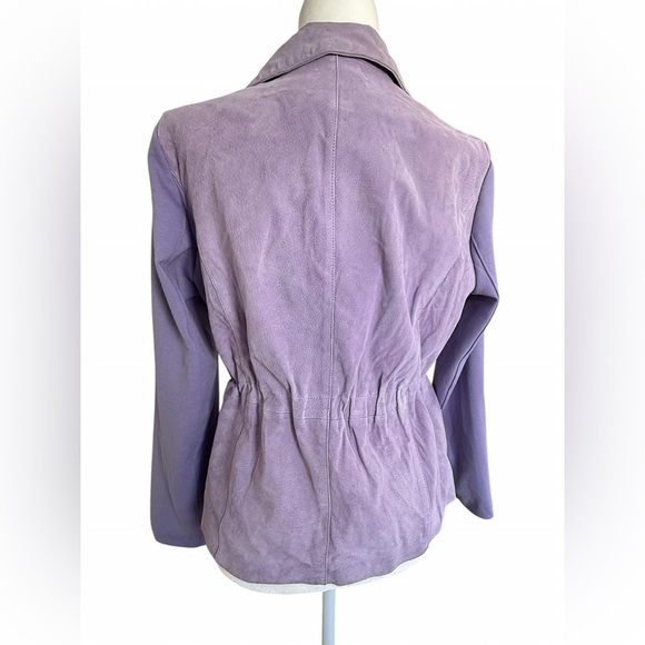 IMAN Genuine Suede Leather Moto Jacket Lilac Purple Lavender Knit Sleeve S NWT - Picture 6 of 10